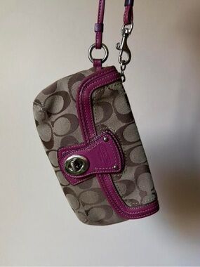 Coach Brown Signature Canvas Wristlet with Pink Trim
